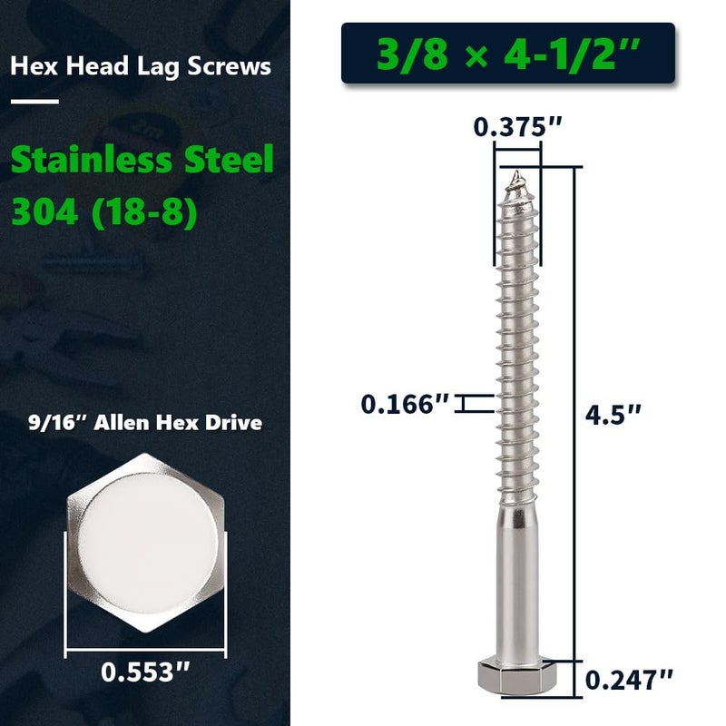 RoyceMart 8-Sets 3/8 x 4-1/2" Hex Head Lag Screws & Flat Washers, Heavy Duty Lag Wood Screws, 304 Stainless Steel (18-8), 3/8" Bolt - Image 2